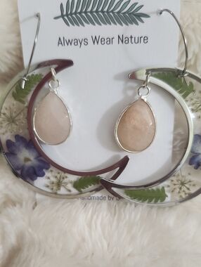 Handmade Botanical Resin Crescent Hoop Earrings with Peach Teardrop